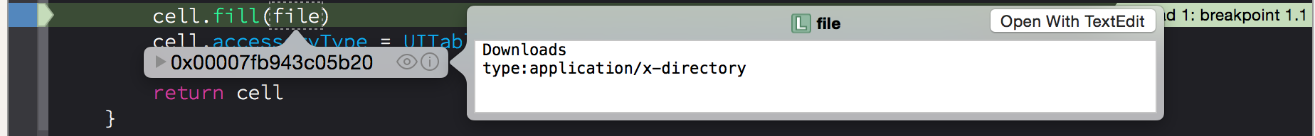Quick look of an object in XCode