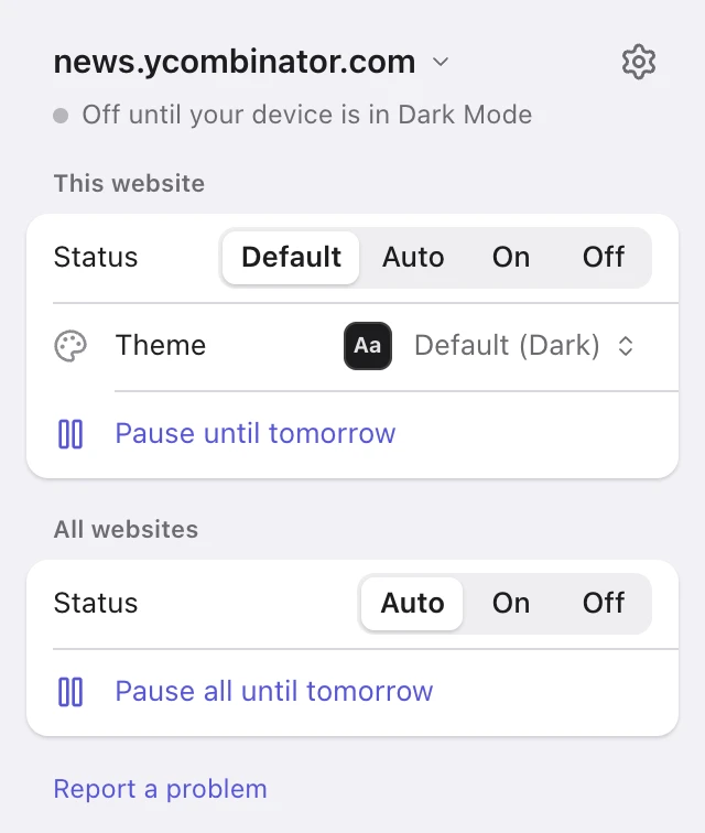 The Nyx menu for a website: status, theme, pause until tomorrow, and settings for all websites.