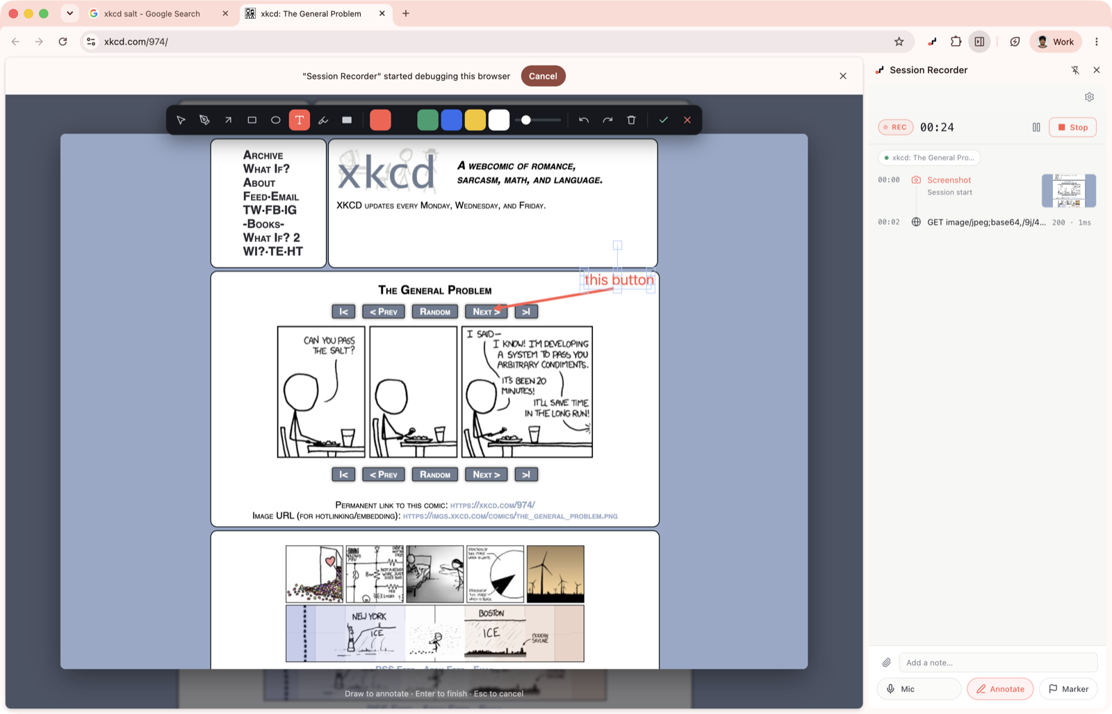 The annotation editor with a coral arrow and the text 'this button' pointing at a button on a web page.