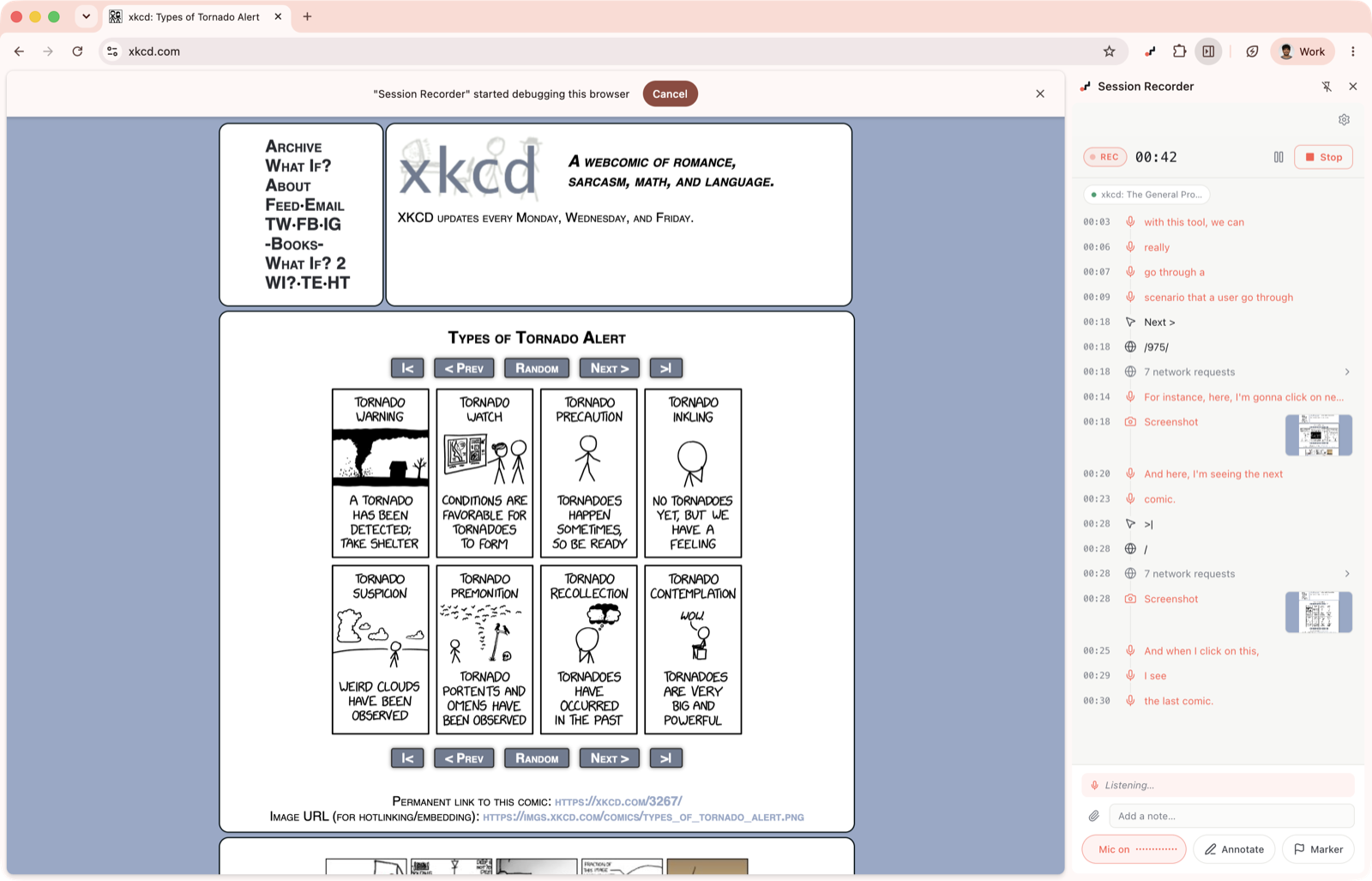 Session Recorder open beside a web page, recording a live timeline of clicks, network requests, and screenshots.
