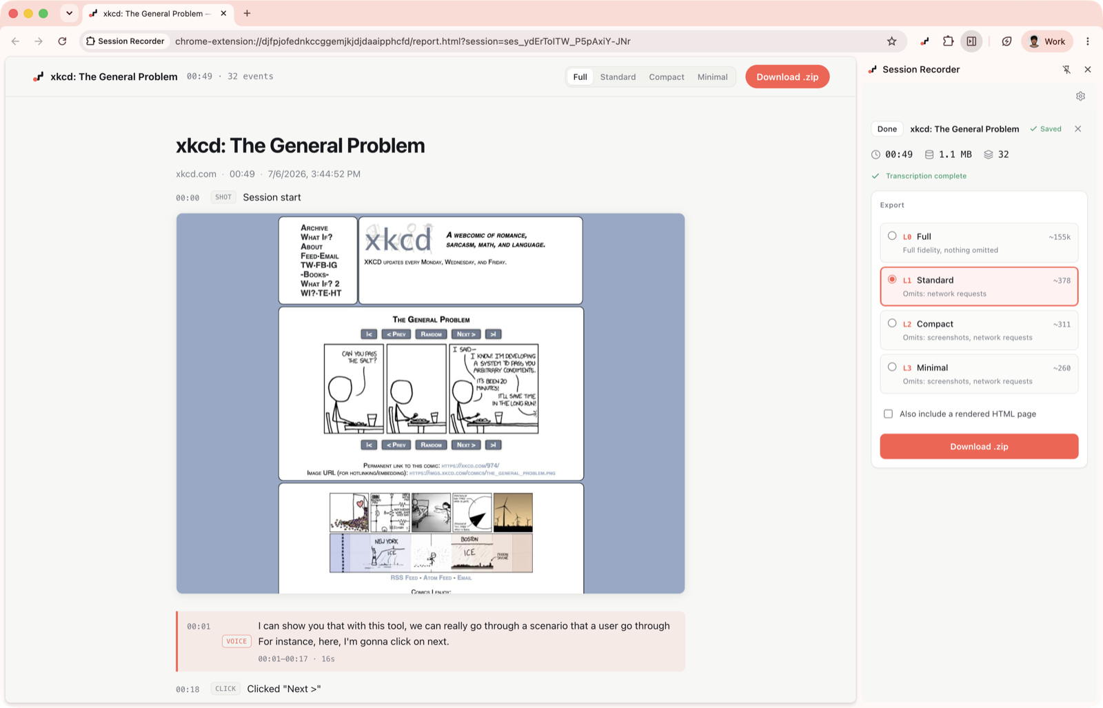 The rendered report next to the export panel: four detail levels with token estimates, a saved and transcription-complete status, and a Download button.